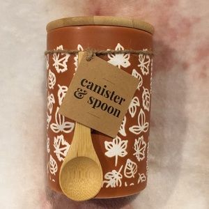 Fall Autumn Leaves Ceramic Canister, Lid and bamboo spoon set. NWT 16 oz